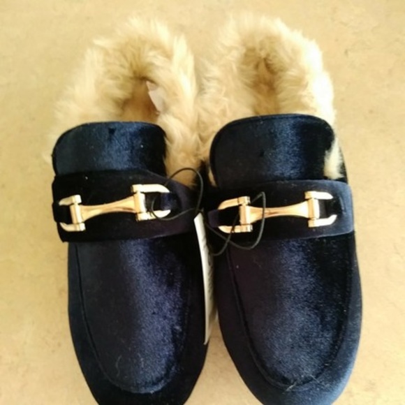 chatties Shoes - Navy New Fur Horsebit Loafers Mules Slippers Flats